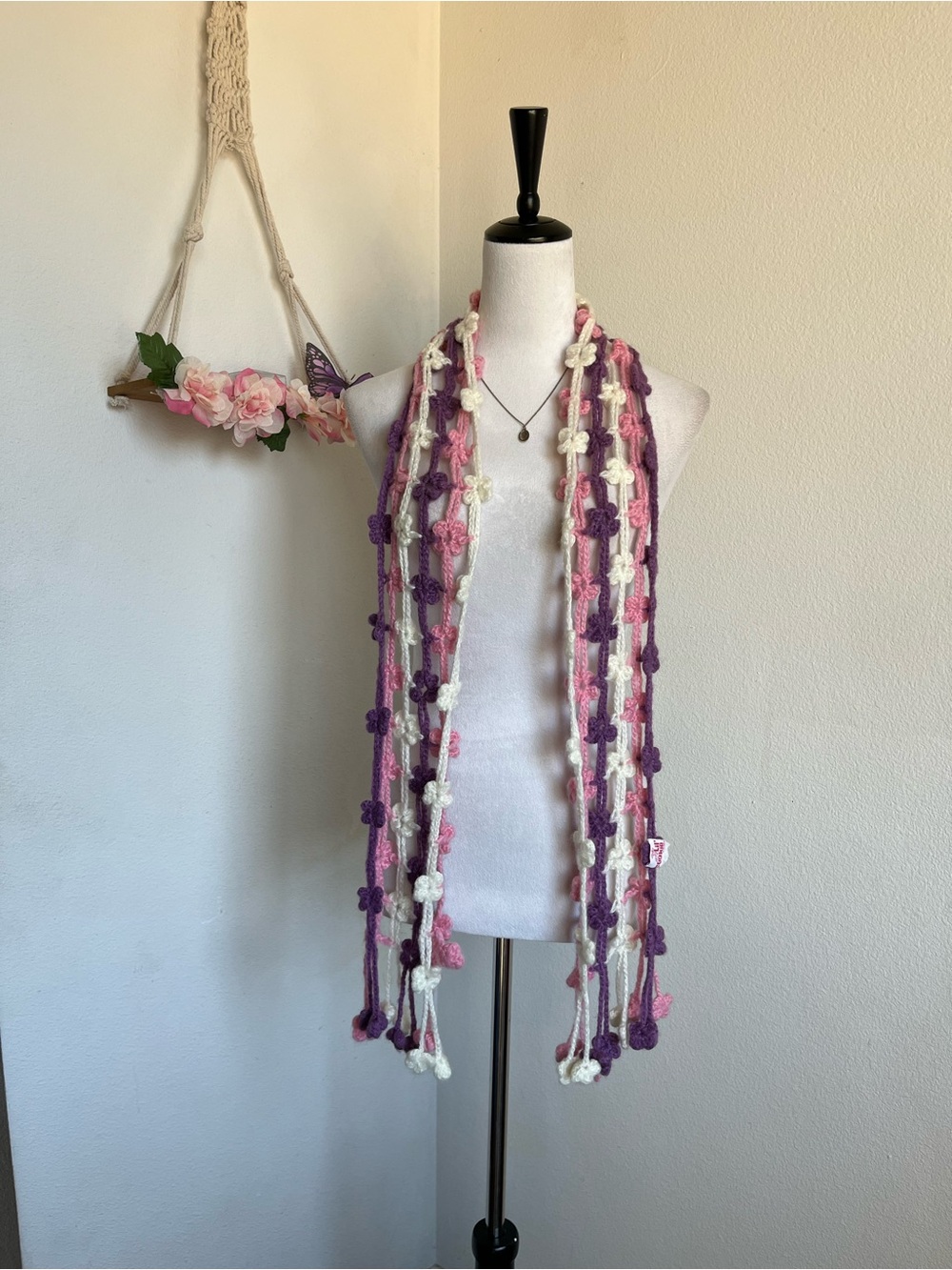 Crochet Flower Scarf - Pink, Purple & Cream